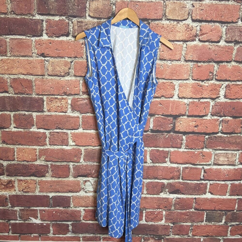 J. MCLAUGHLIN Catalina Cloth Lattice Wrap Dress Large Blue Sleeveless Stretch